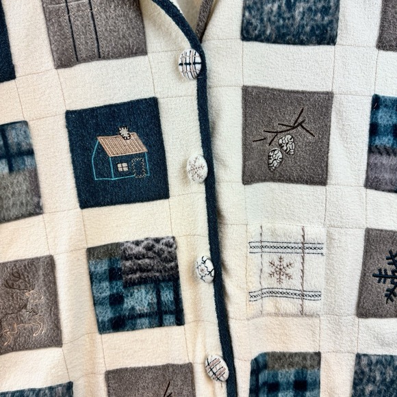 Vintage Patchwork Fleece Jacket Cabin Snowflake Winter Cottagecore L - Picture 3 of 10